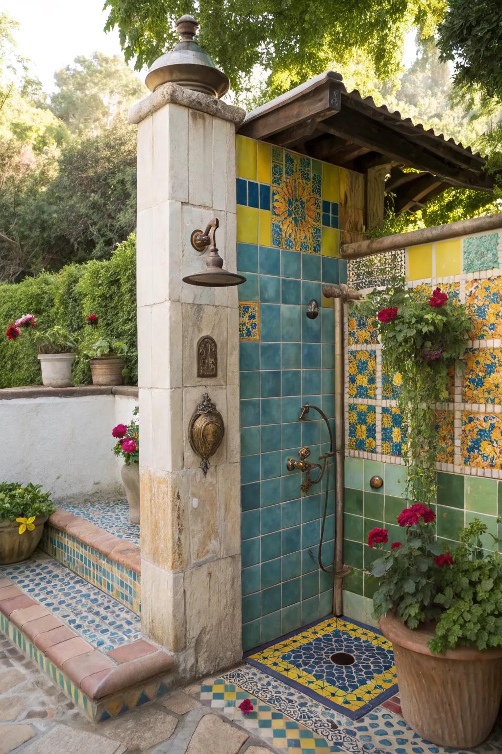 A free-spirited open-air cleansing station showcasing vibrant tiles and bygone charm.