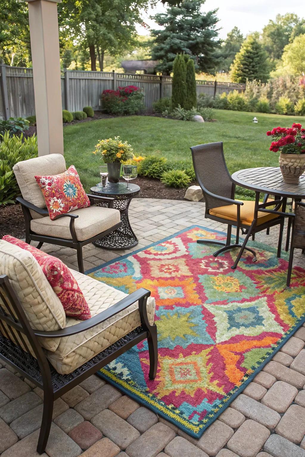A vibrant outdoor rug enhances comfort and aesthetics.