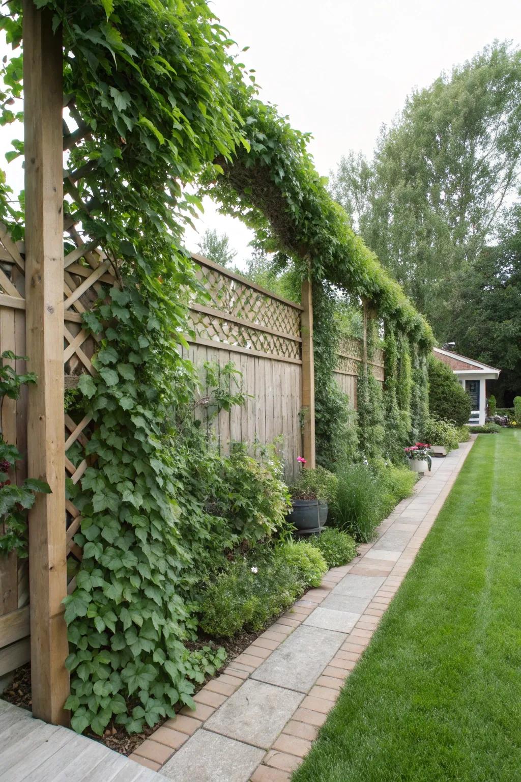 Vines on trellises turn barriers into living walls.