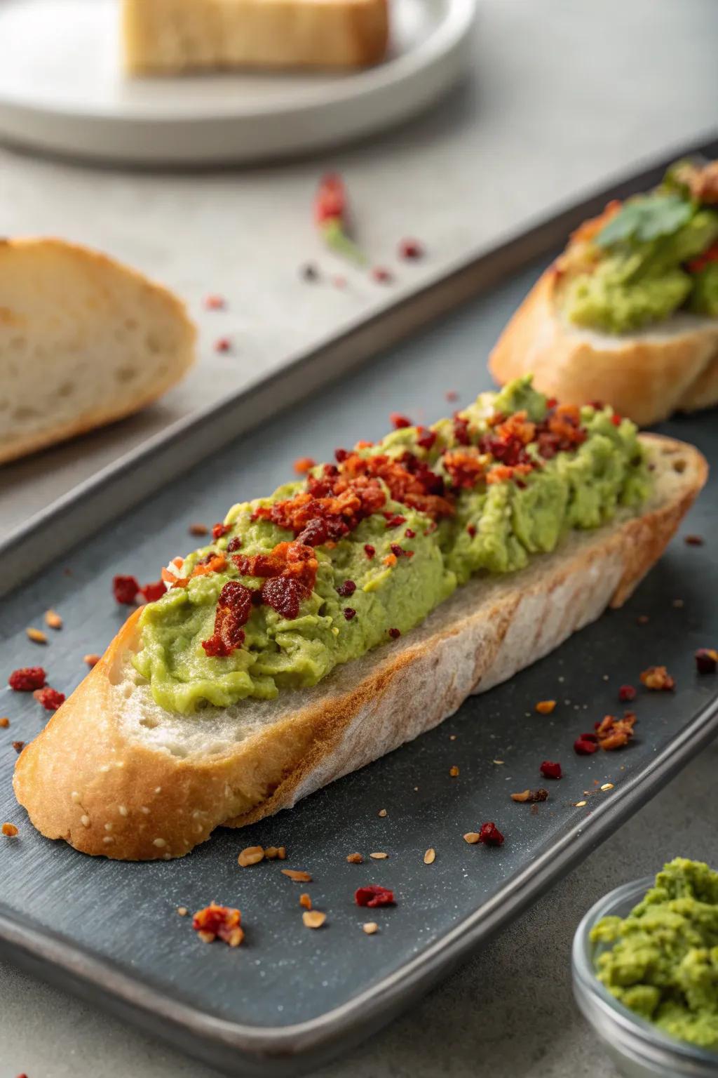 Avocado smash with a spicy twist, perfect for a vibrant appetizer.