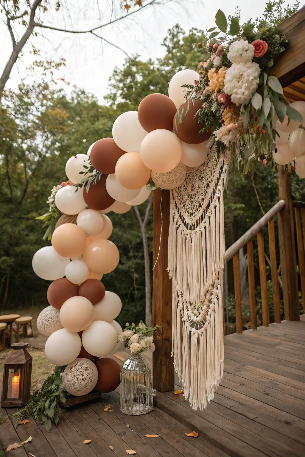 Boho balloon garland for a countryside celebration.