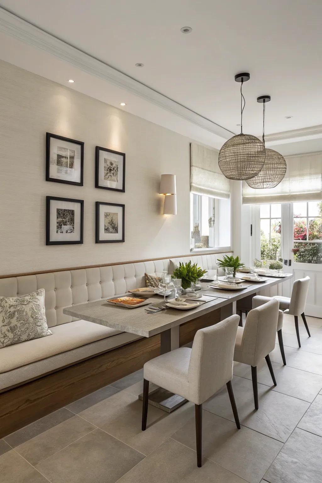 A modern dining room featuring a hanging banquette, radiating a sleek, contemporary vibe.