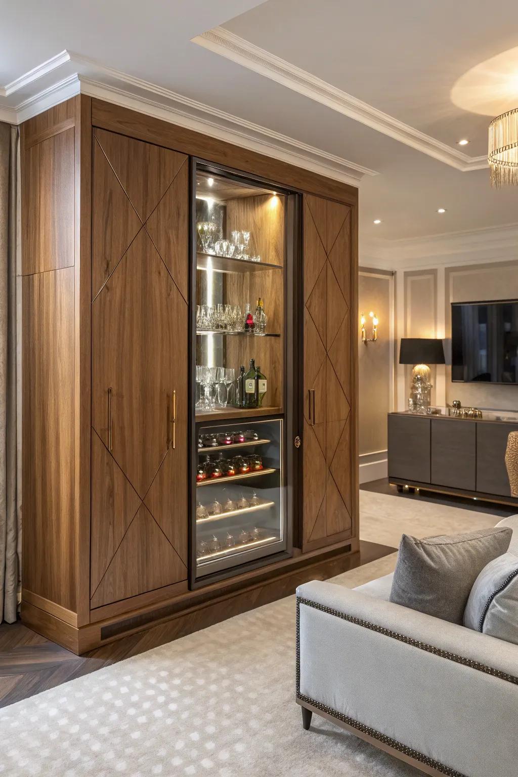 A streamlined and tidy hidden bar cabinet design.