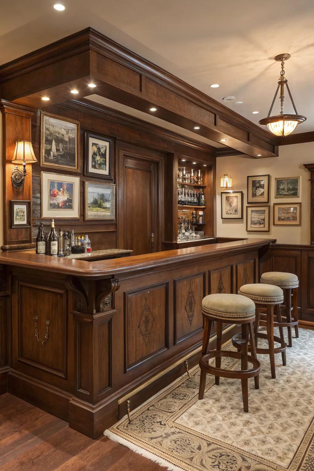 Classic pub-style paneling infuses timeless charm into your home bar.