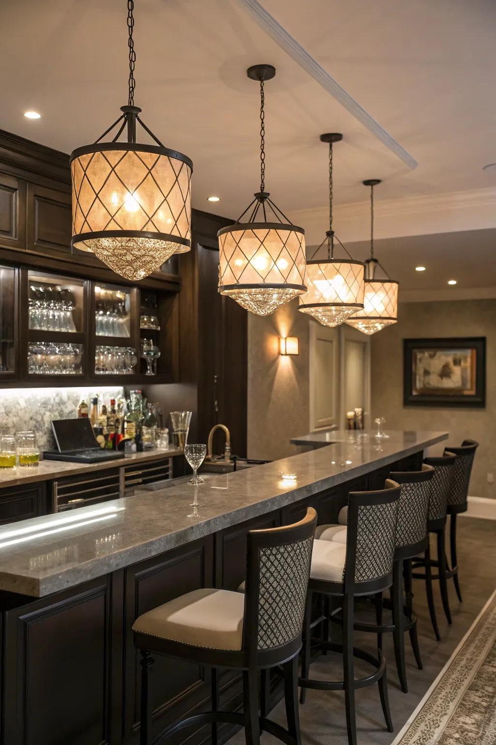 Suspended lighting pieces enrich sophistication and underscore your bar's appeal.