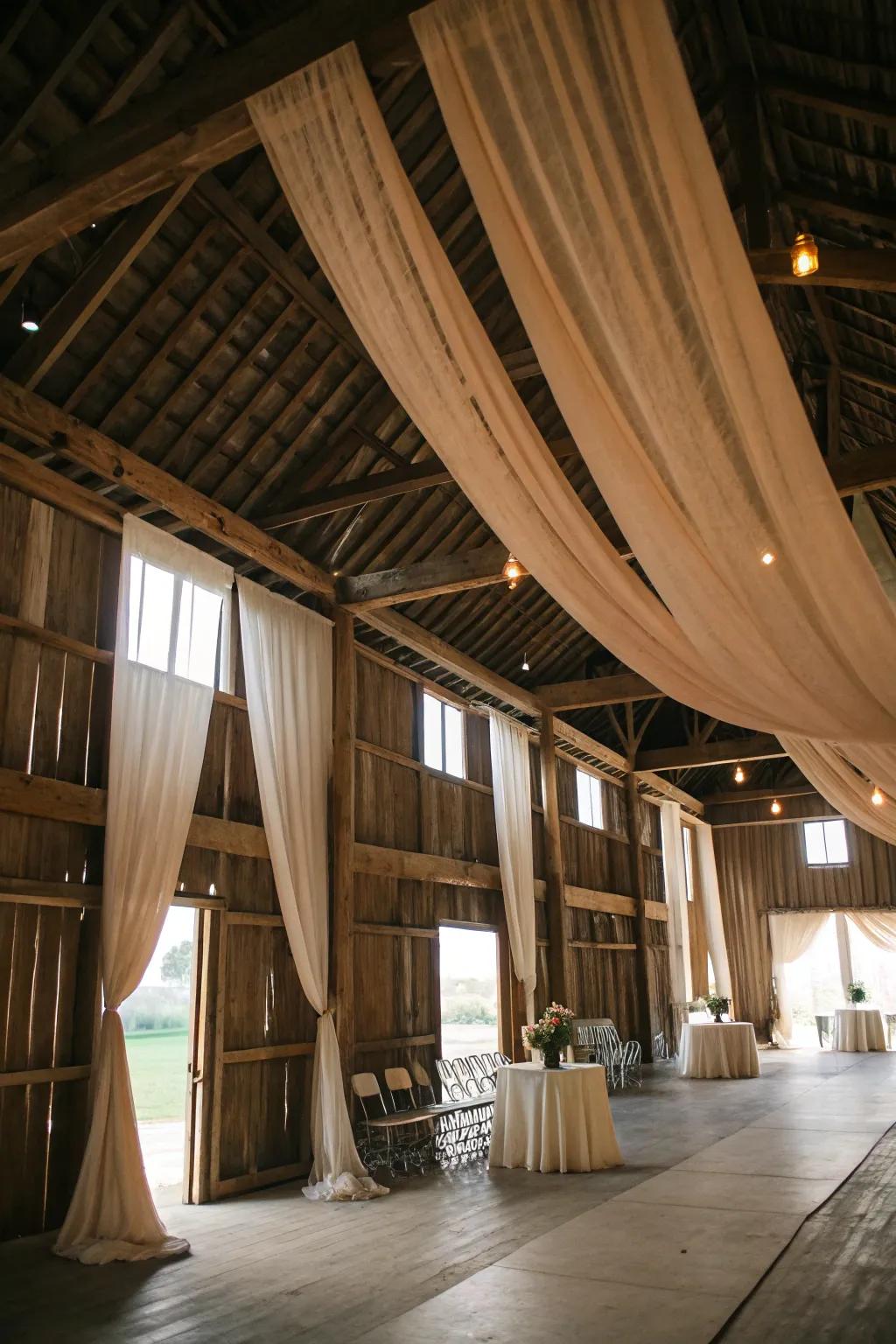 Dangling drapes transform barn zones with classiness.