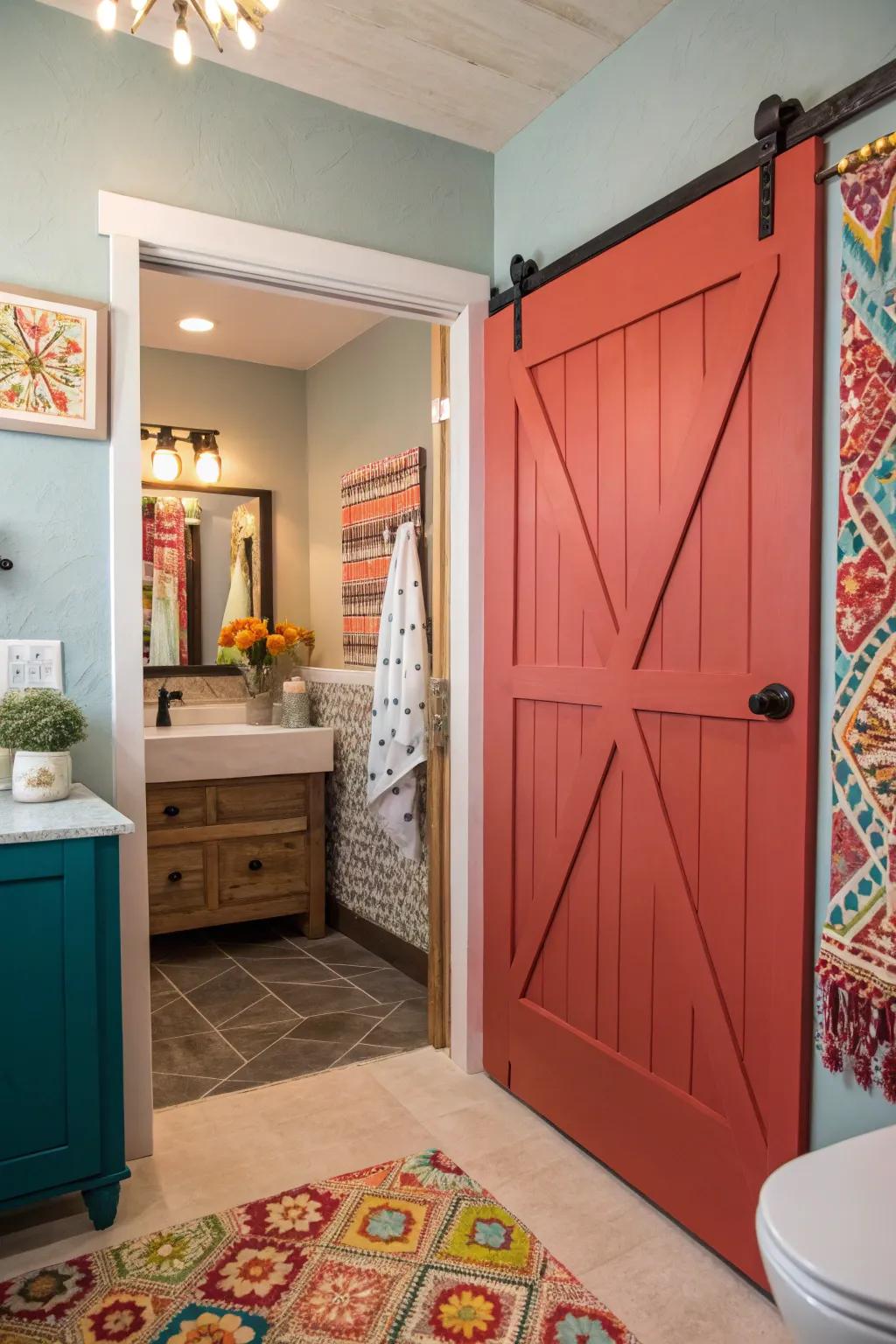 A painted barn door contributes a lively burst of shade to any restroom.