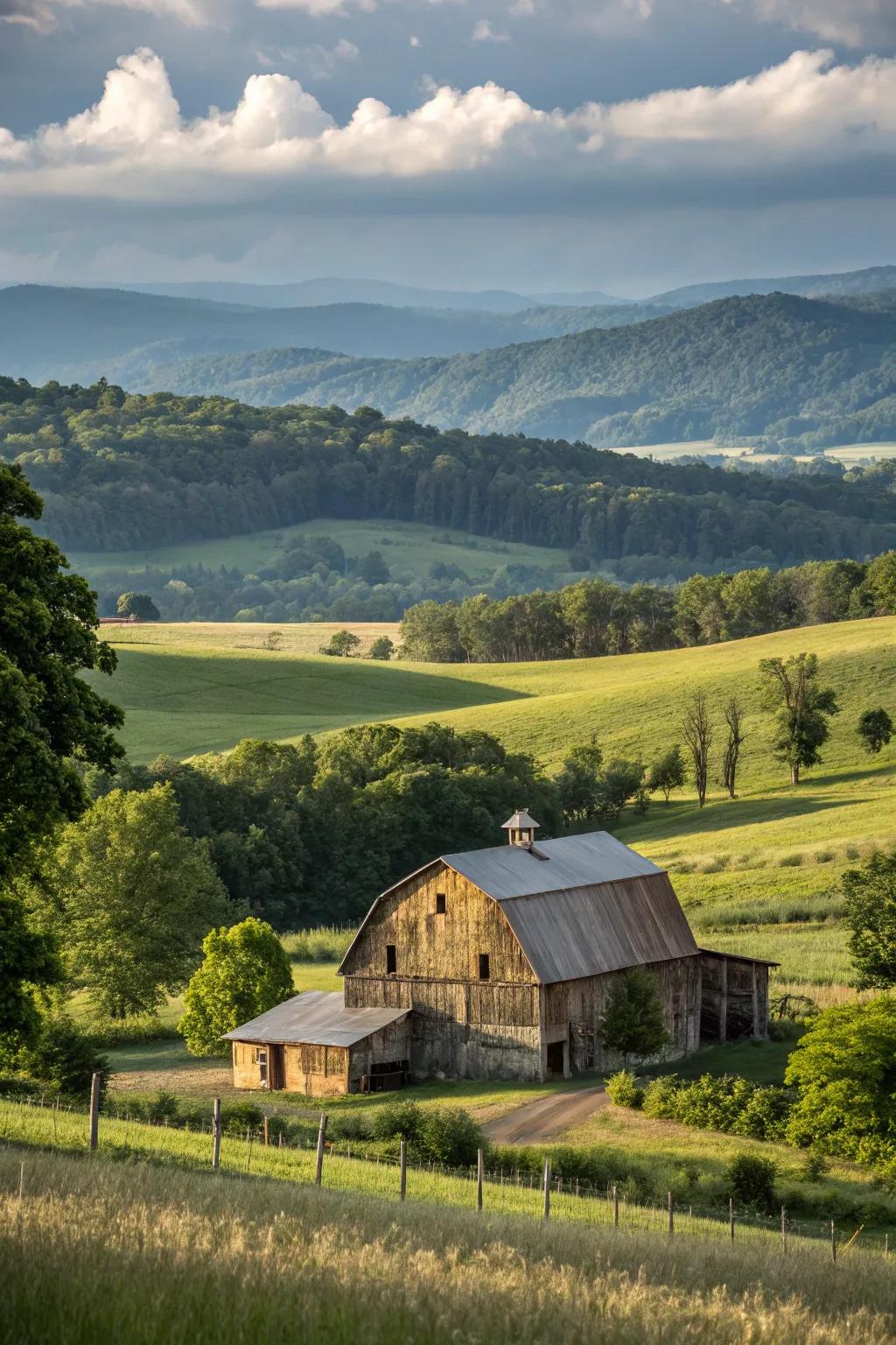A barn-style home exquisitely situated within a picturesque rural panorama.