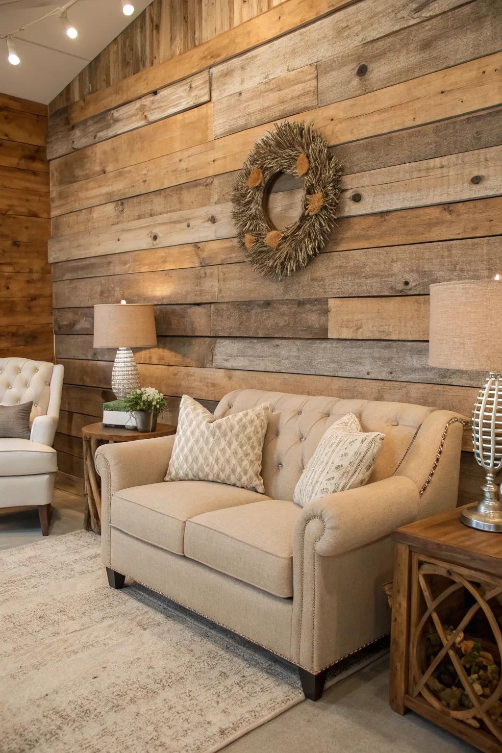 Neutral design balancing a barnwood wall.