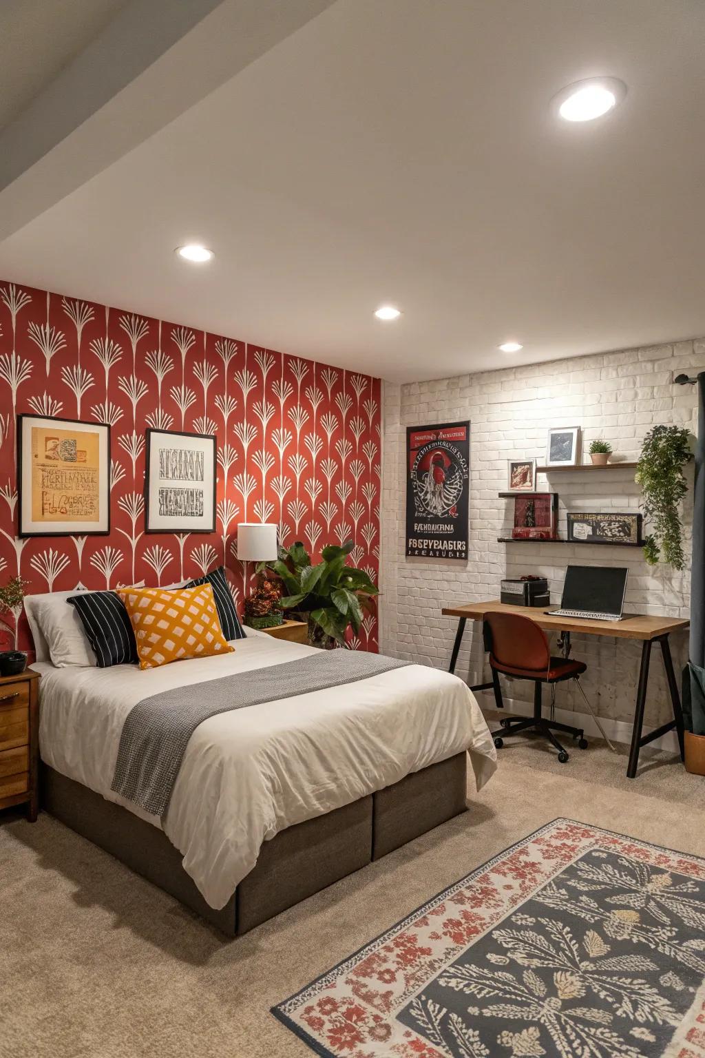 A striking highlight surface with adhesive-backed wallpaper bestows style upon this basement bedroom.