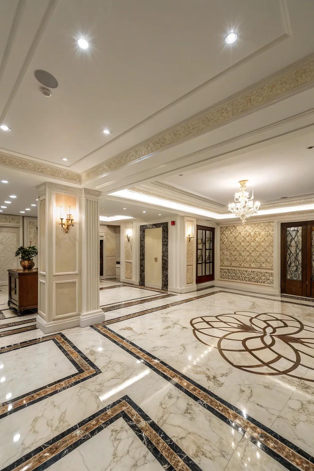 Stone tiles add a lavish touch to your basement area.