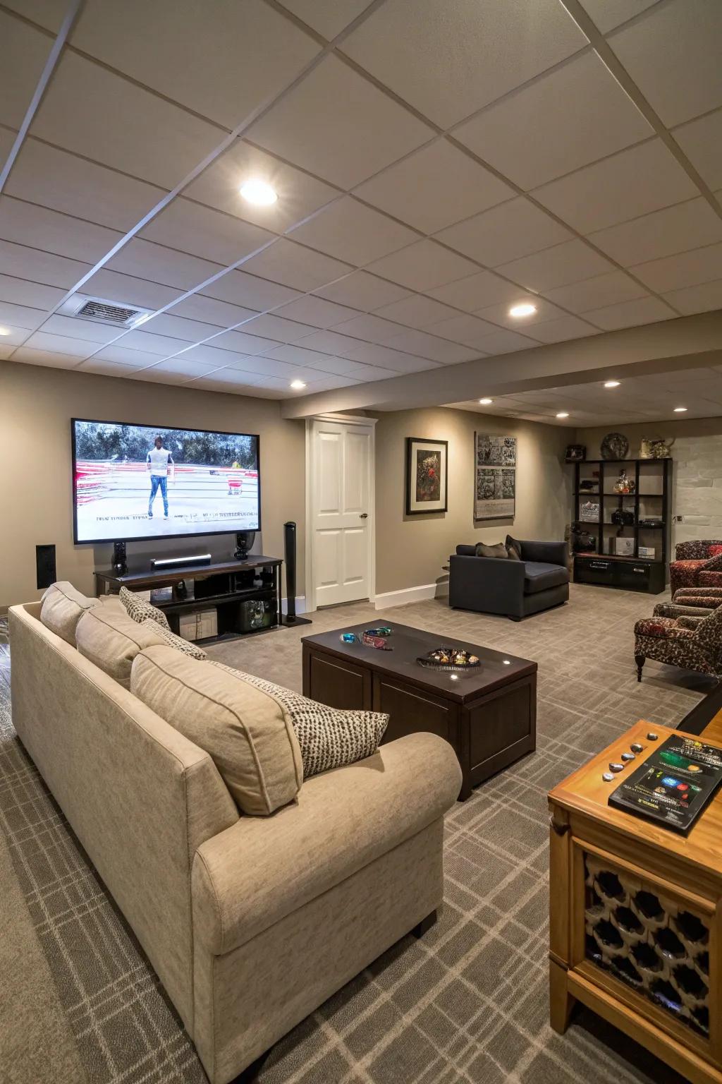 An adaptable media room arrangement enables both gaming and social interaction.
