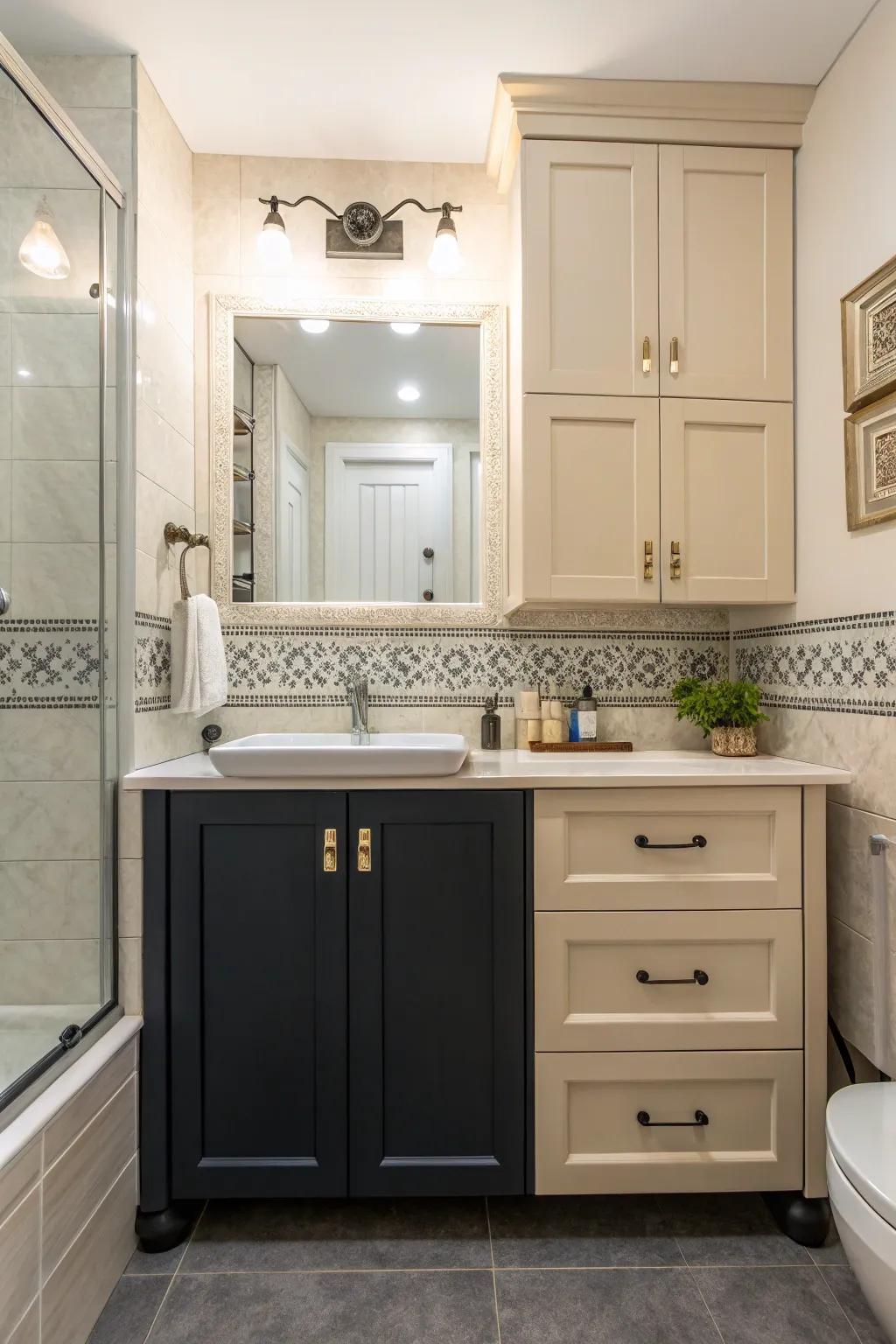 Two-tone cabinets add depth and visual interest.