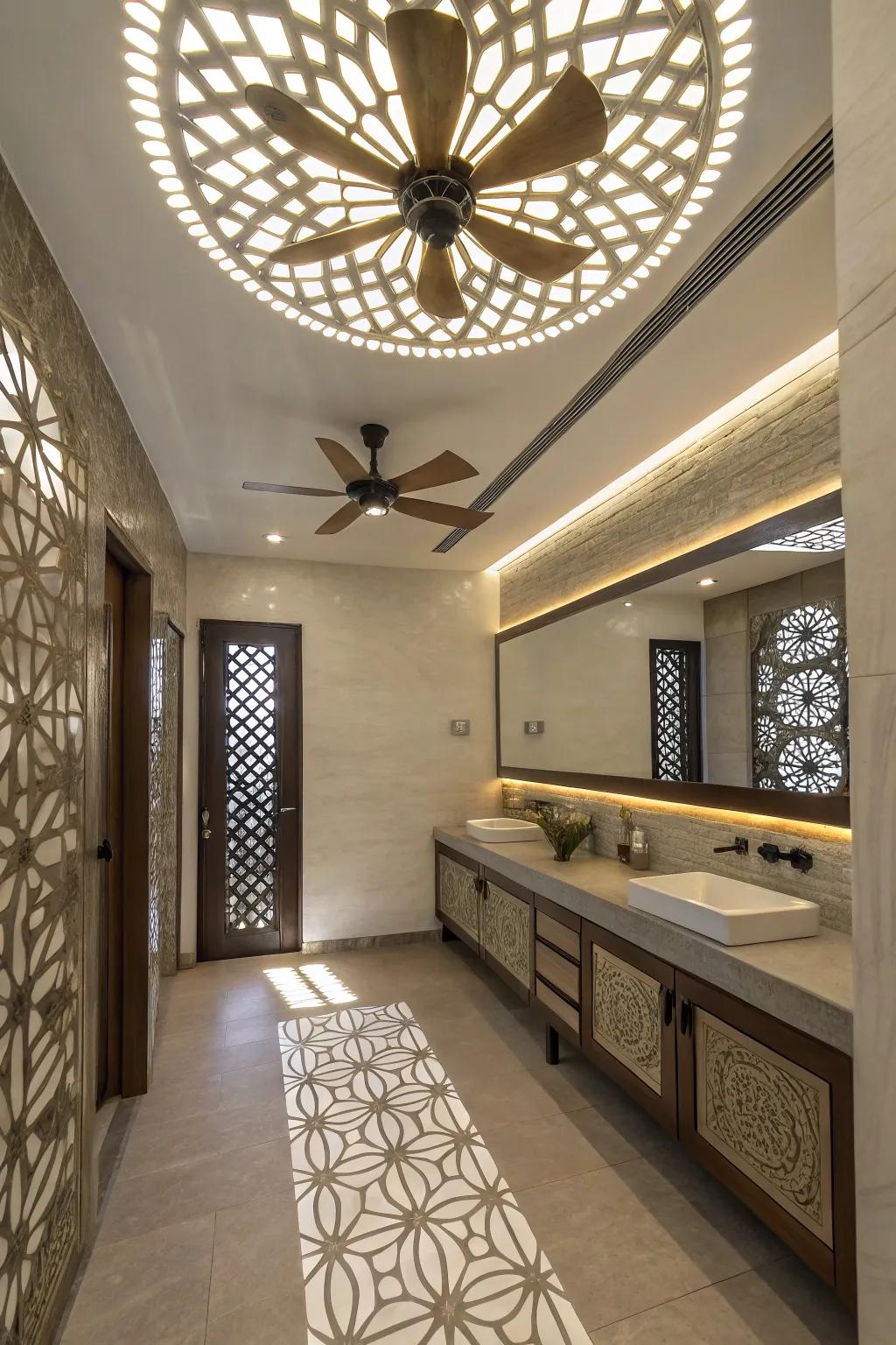 A bathroom with a ceiling ventilator that features geometric light designs.