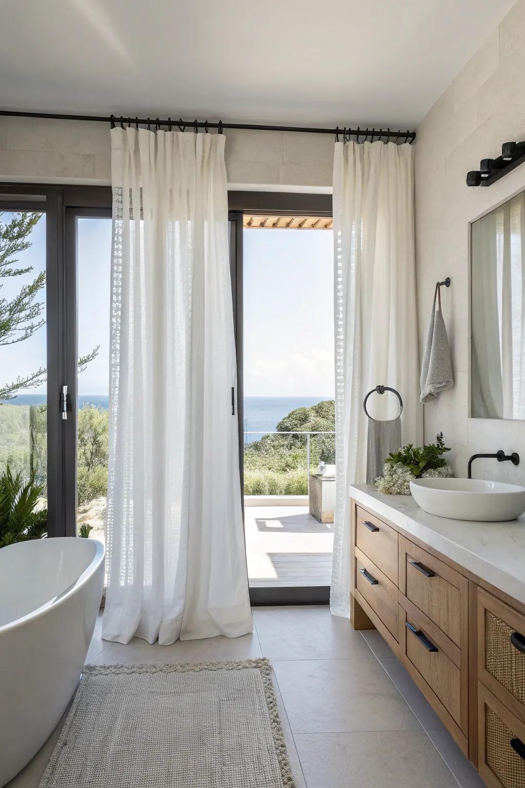 Minimalist coverings furnish a polished and contemporary appearance for a contemporary washroom.