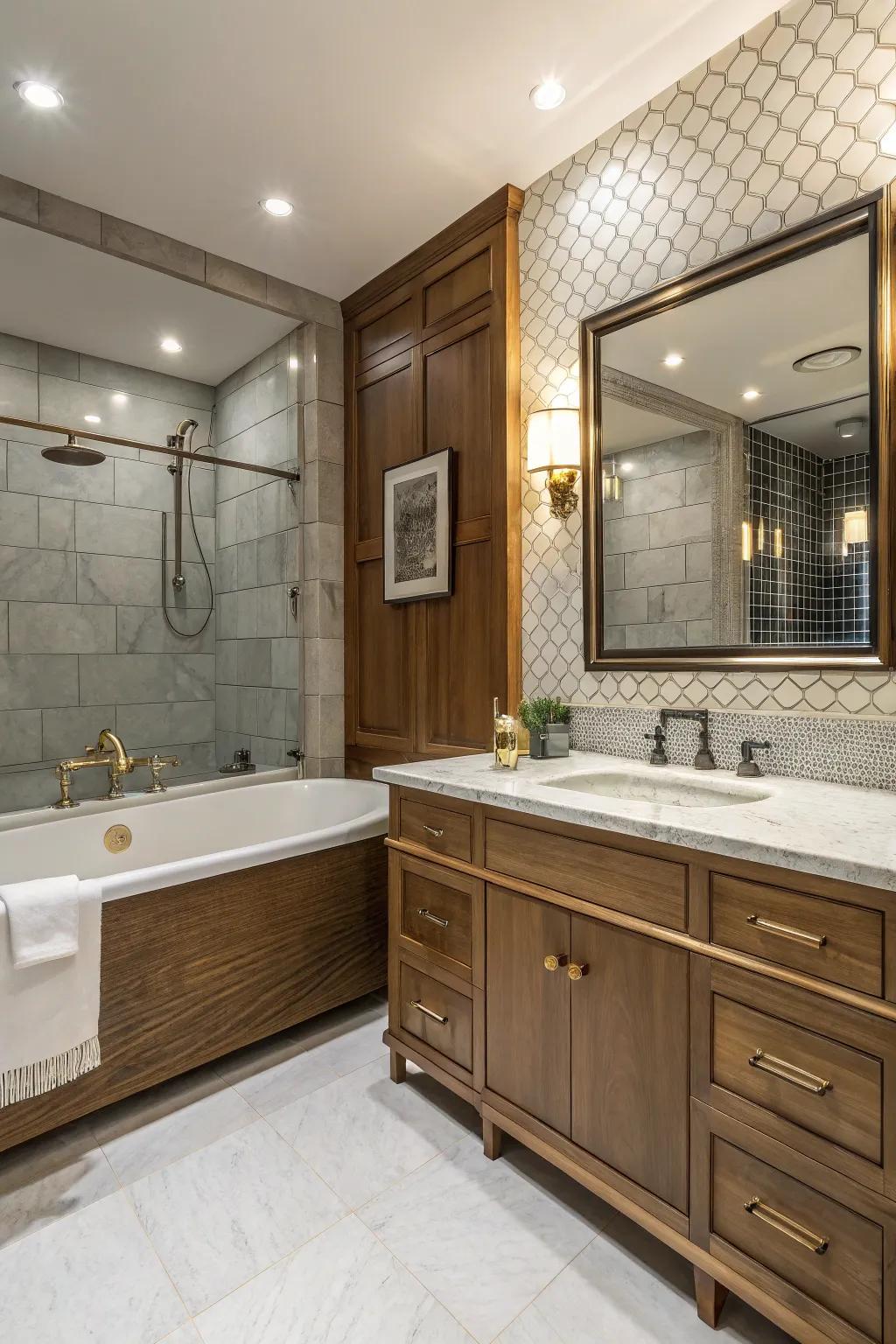 Mixed materials introduce warmth and richness to the bathtub area.
