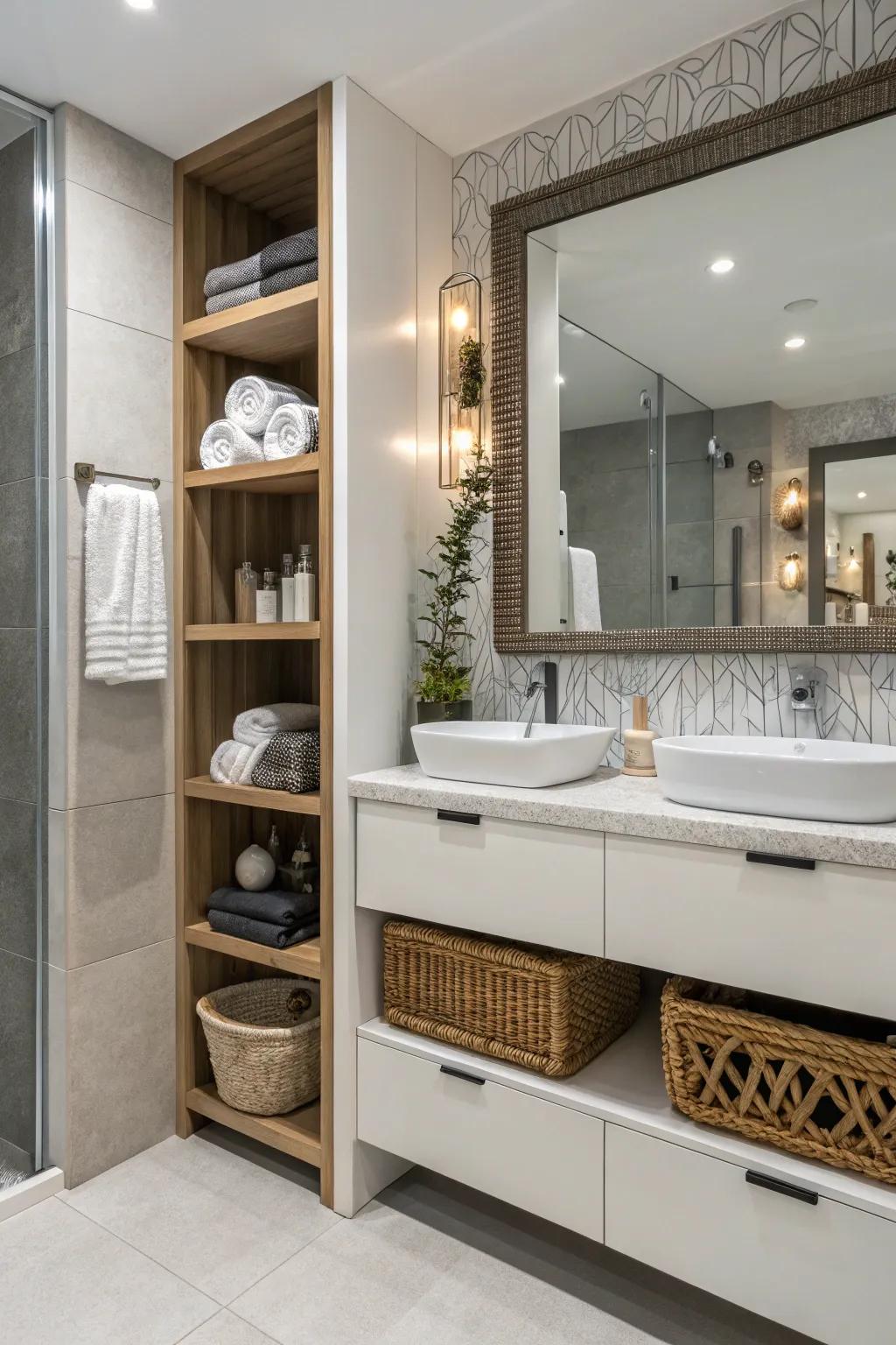 A lavatory arrangement that effectively uses space with creative storage options.