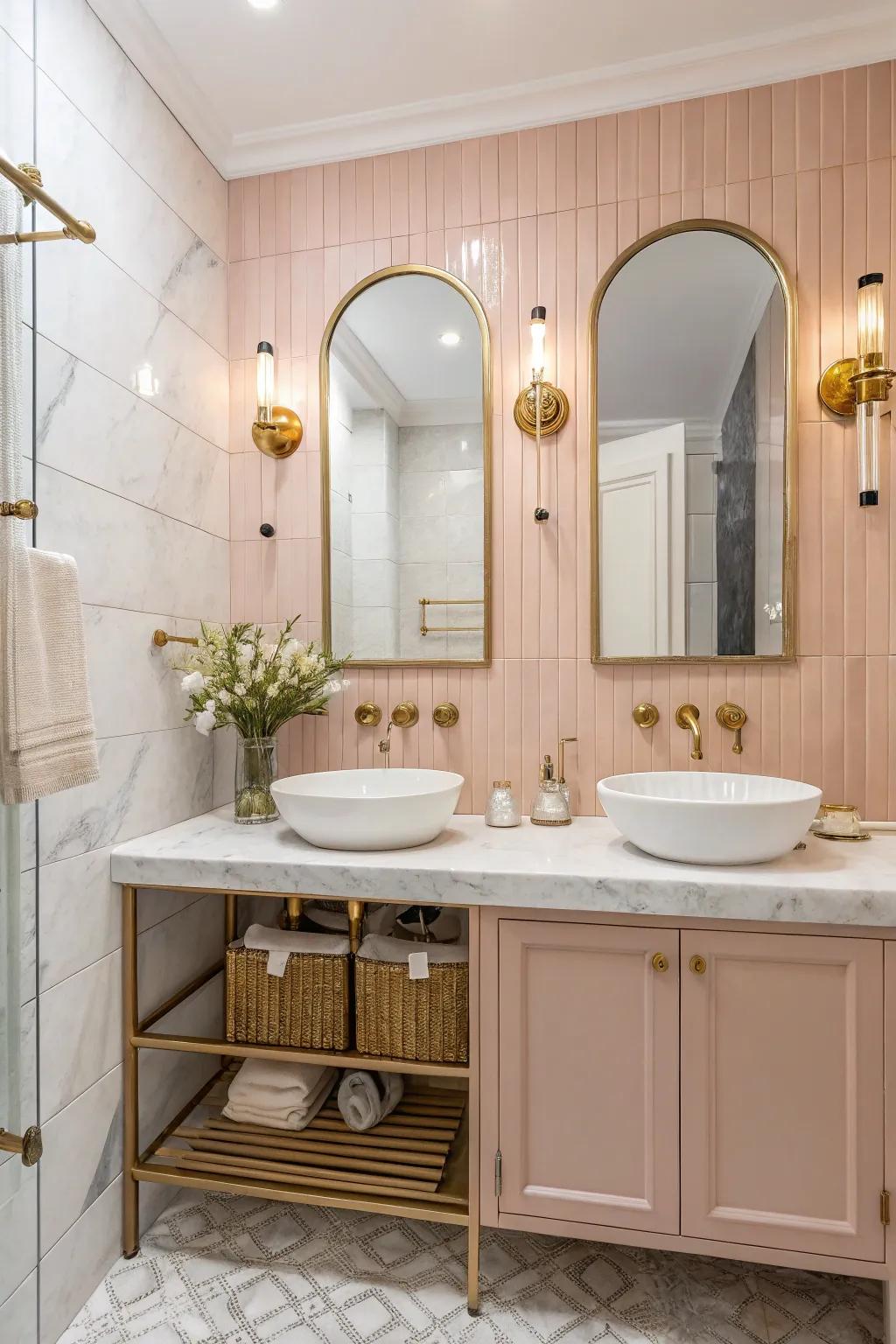 Delicate rose walls contribute a stylish and warm touch to the bathroom.