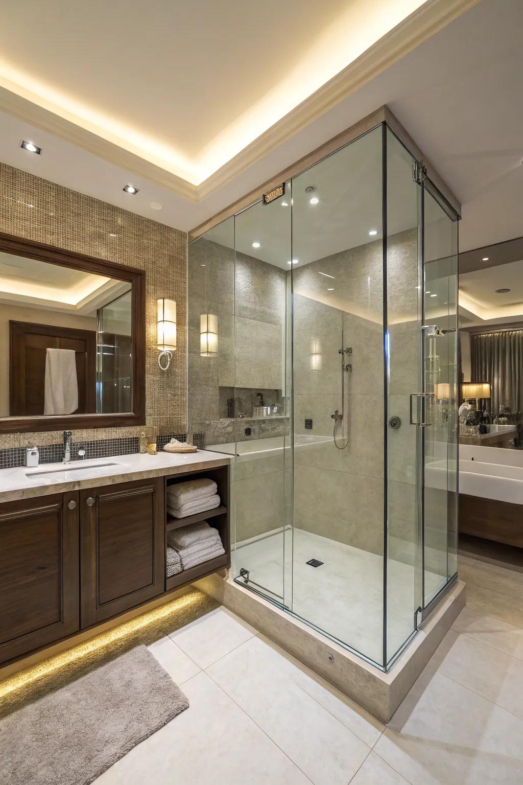 Glass-enclosed showers add a hint of class and keep an open feel.