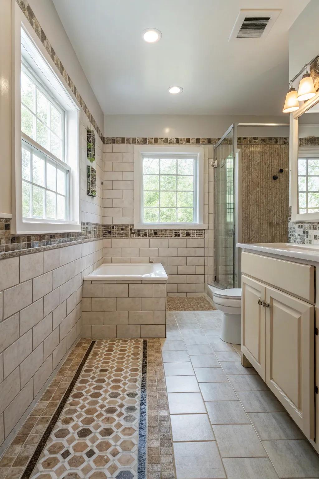 Smooth transitions in tile layout improve bathroom flow.