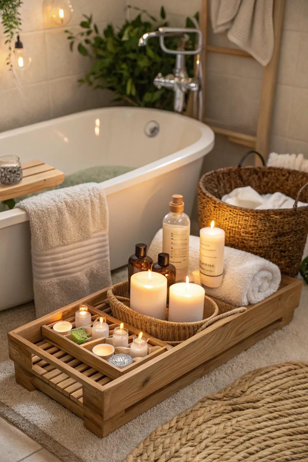 Warm timber accents such as a bath caddy enhance the coziness of the washroom.