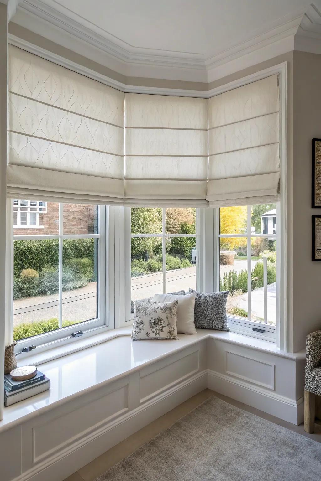 Accordion shades deliver a streamlined and contemporary aesthetic for bay windows.