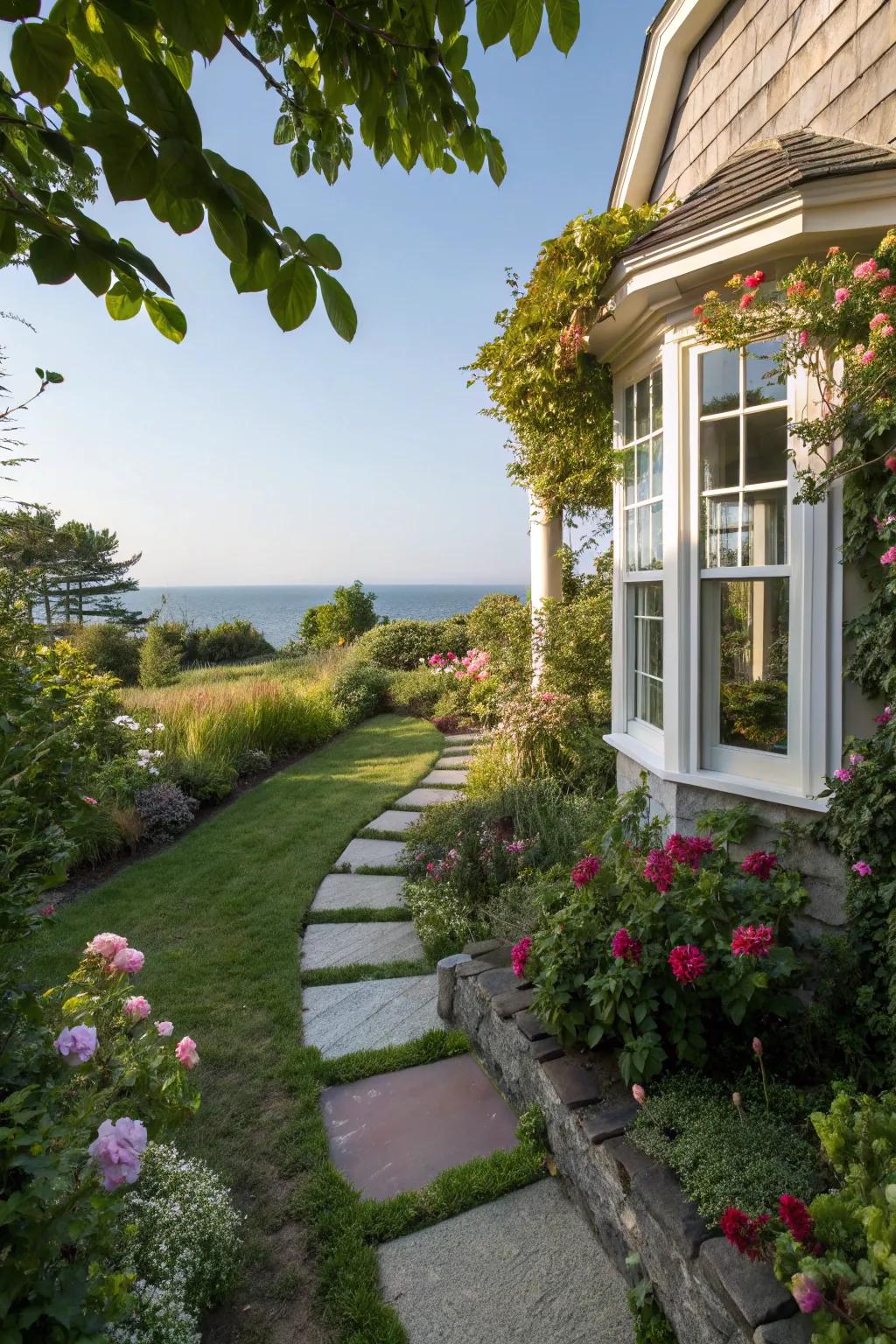 Paving stones creating an attractive path to a bay window.