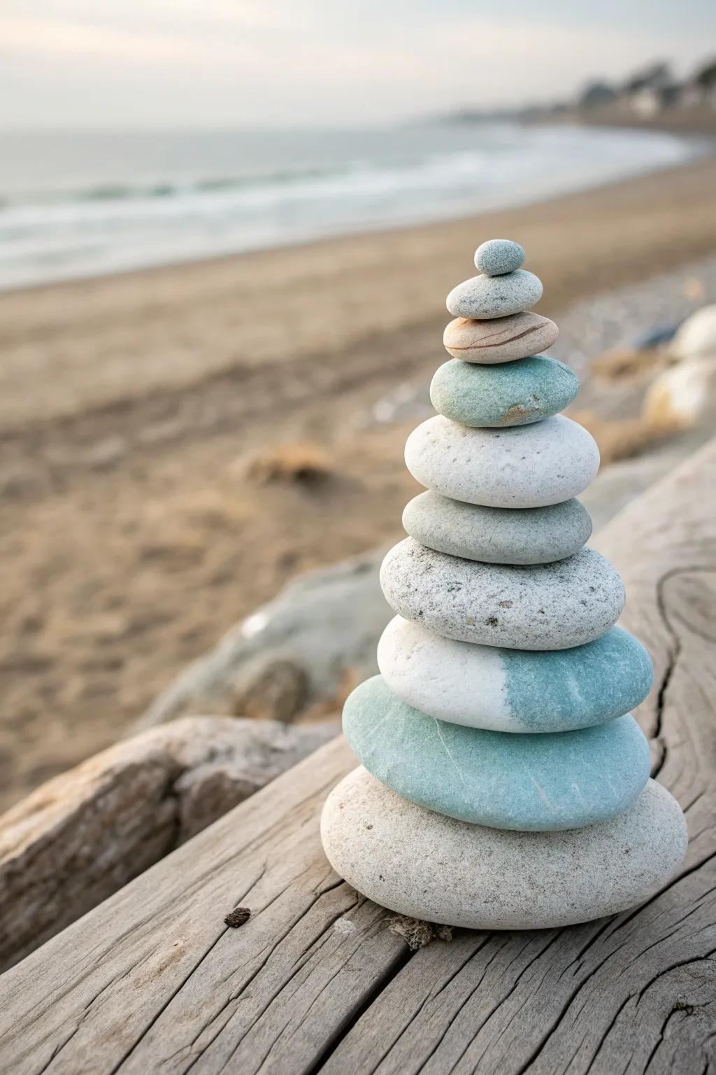 Uncover the serene charm of shoreline pebble beacons—a minimalist work of art for your coastal decorating theme.