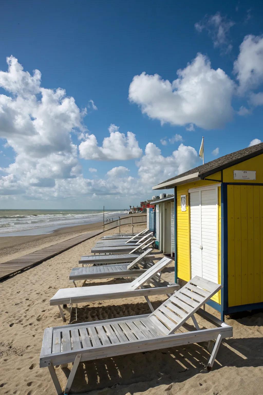 Sun loungers provide a relaxing space in front of the beach shed.