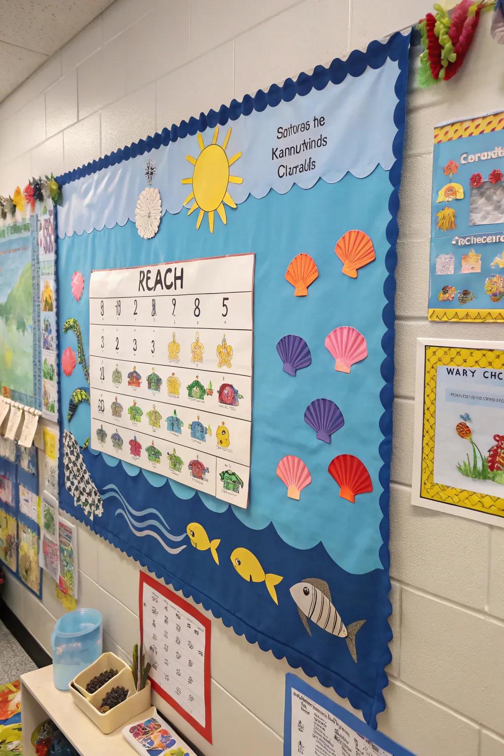 An engaging coastal-inspired schedule maintains the classroom arranged and thematic.