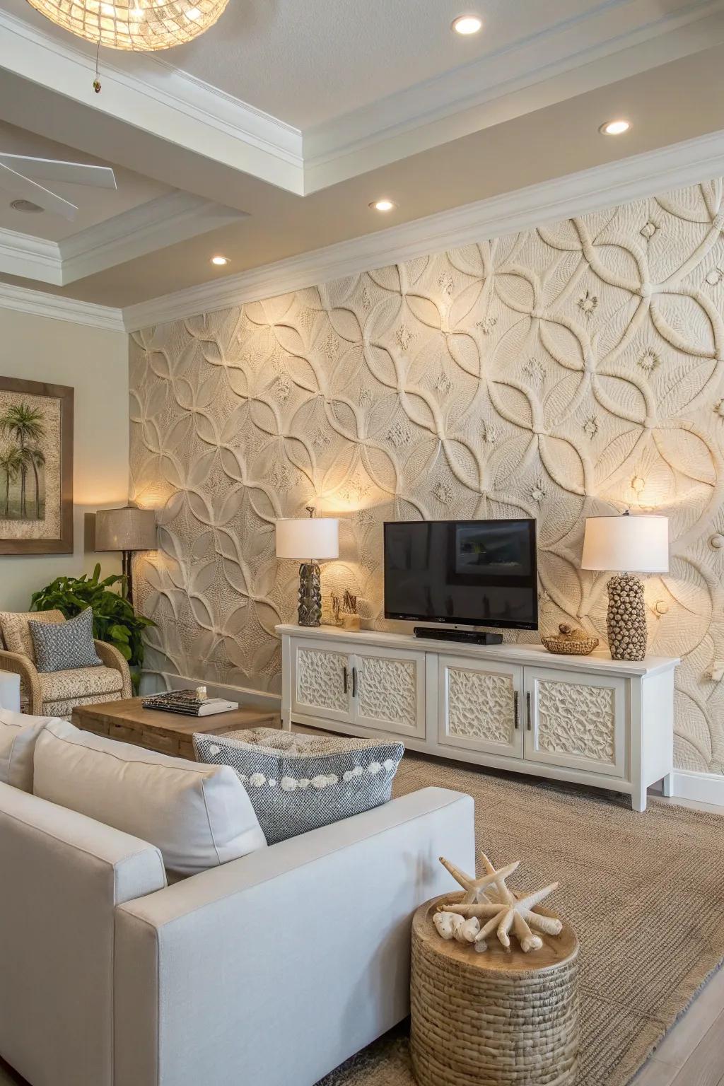 Add simple elegance using detailed beach-inspired wallpaper.
