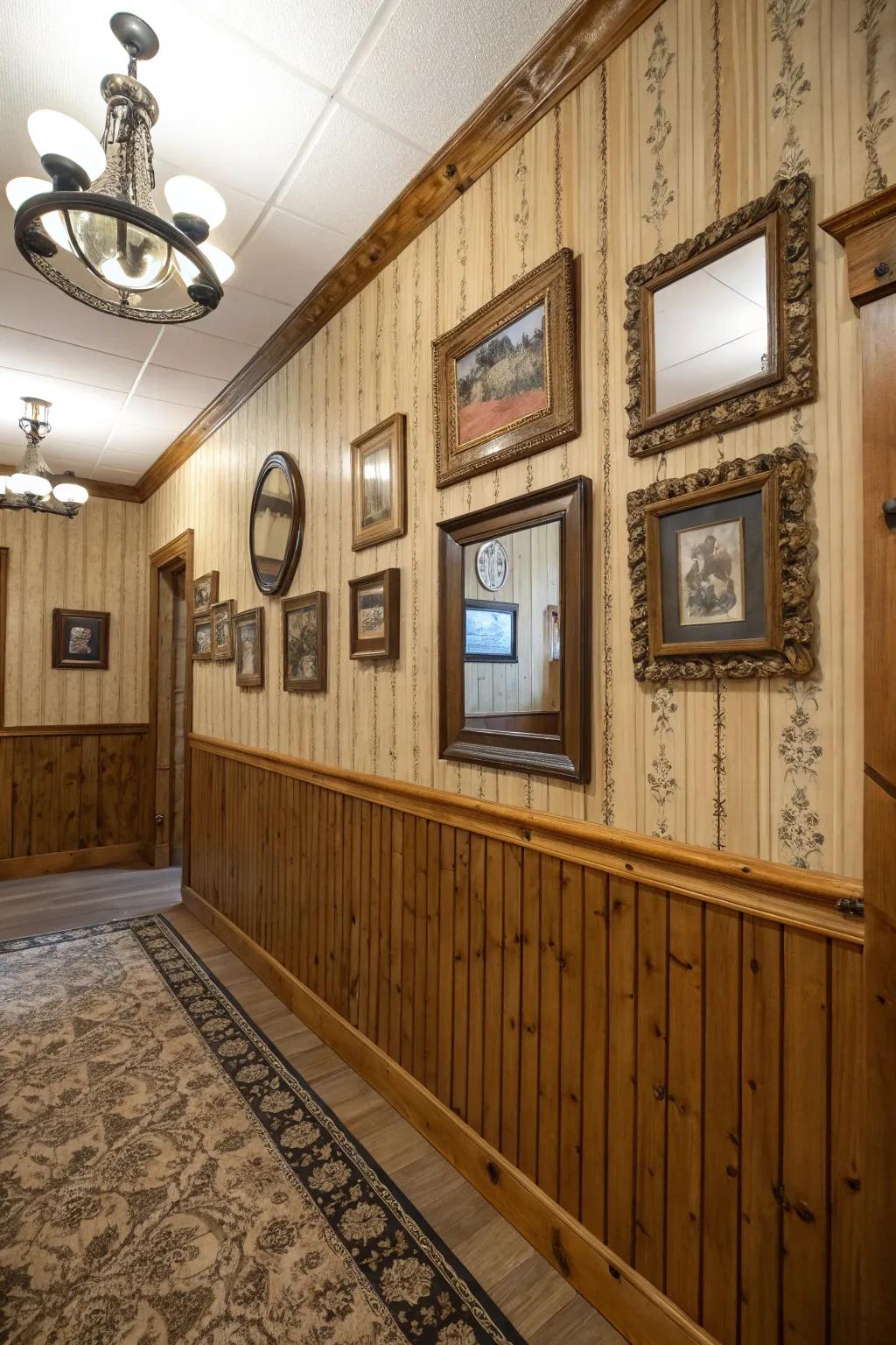 Looking glasses and frames amplify the depth of paneled walls.