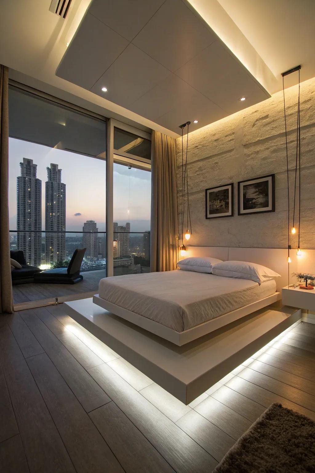 A floating bed base adds a magical, futuristic element to the space.