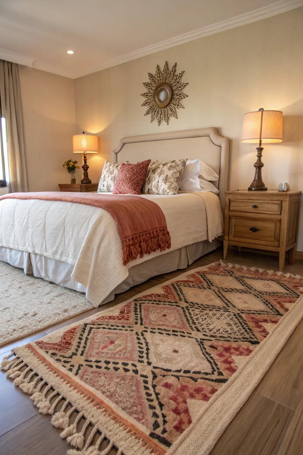 An ornamental floor covering adds warmth while concealing under-bed storage.