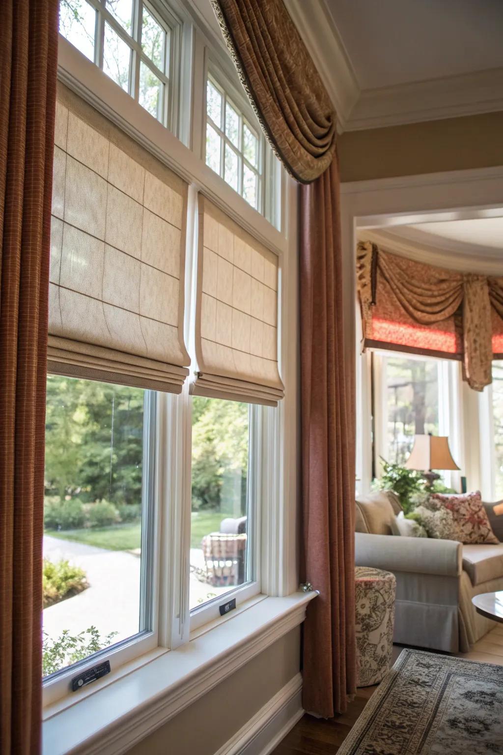 For a sophisticated design, use Roman blinds.