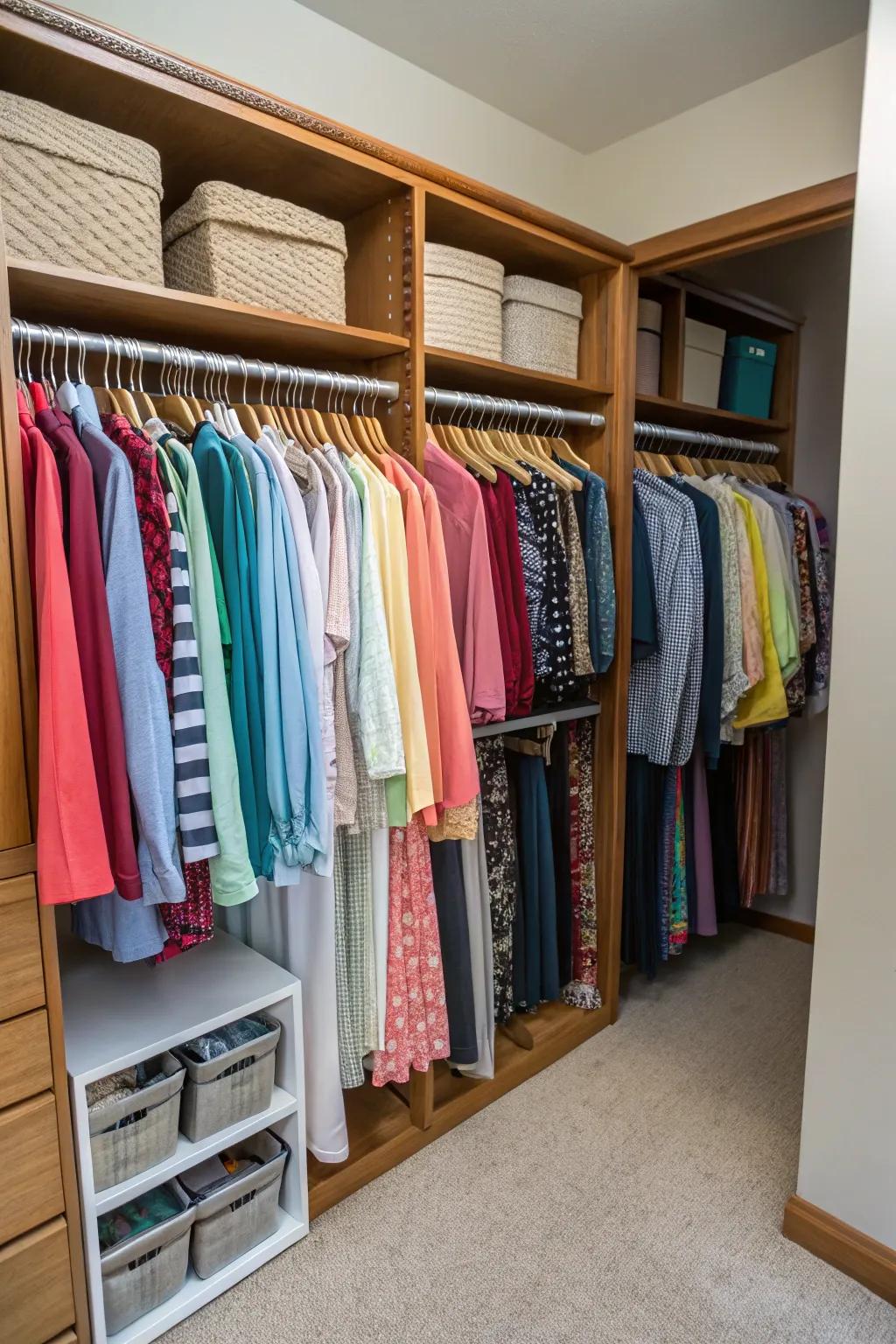 Your closet will be more organized and harmonious with a color-coded system.