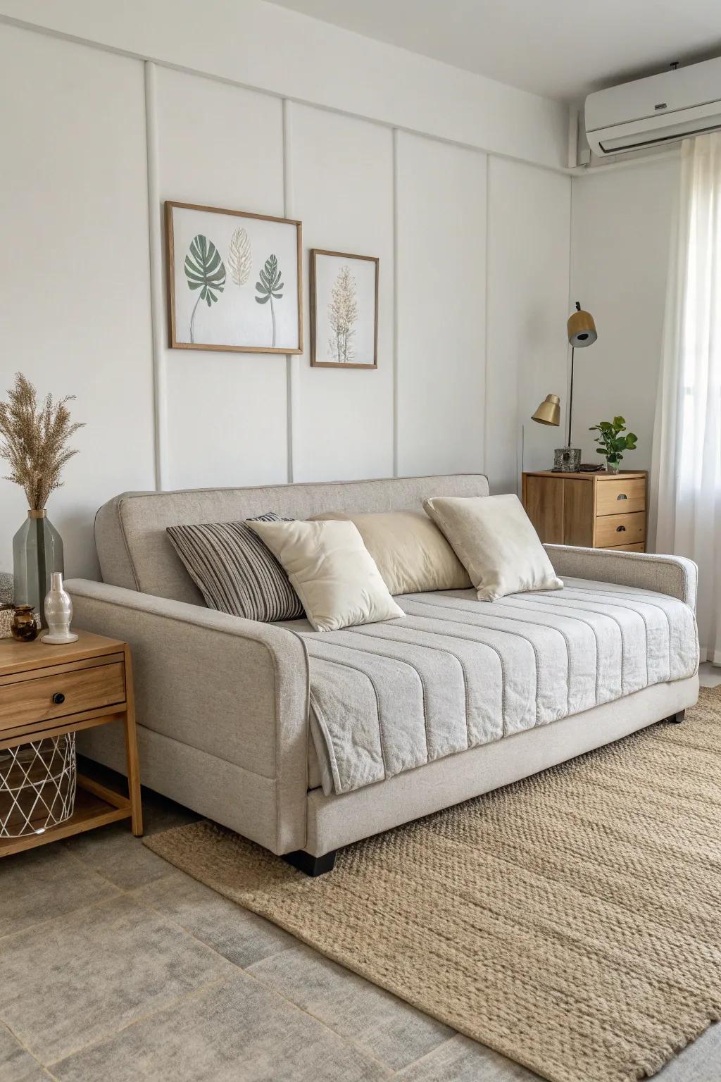 A minimalist modular couch projecting an aura of polished elegance within the context of a bedroom setting.