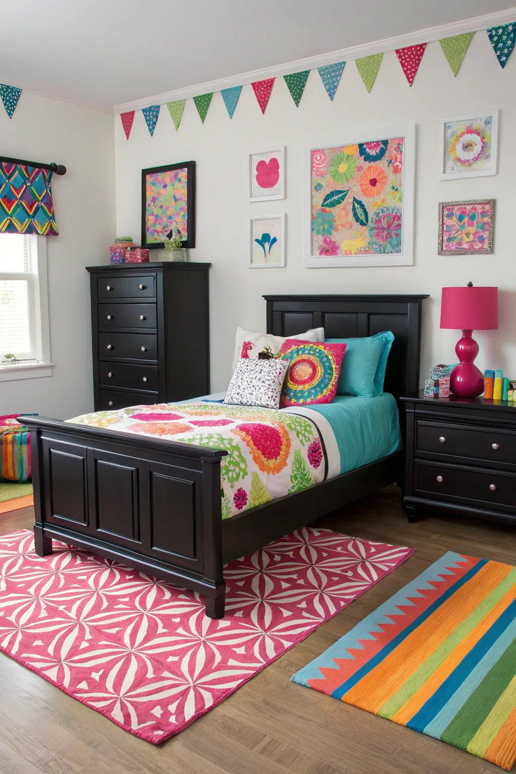 Vibrant colors inject personality into a bedroom featuring sleek ebony furniture.