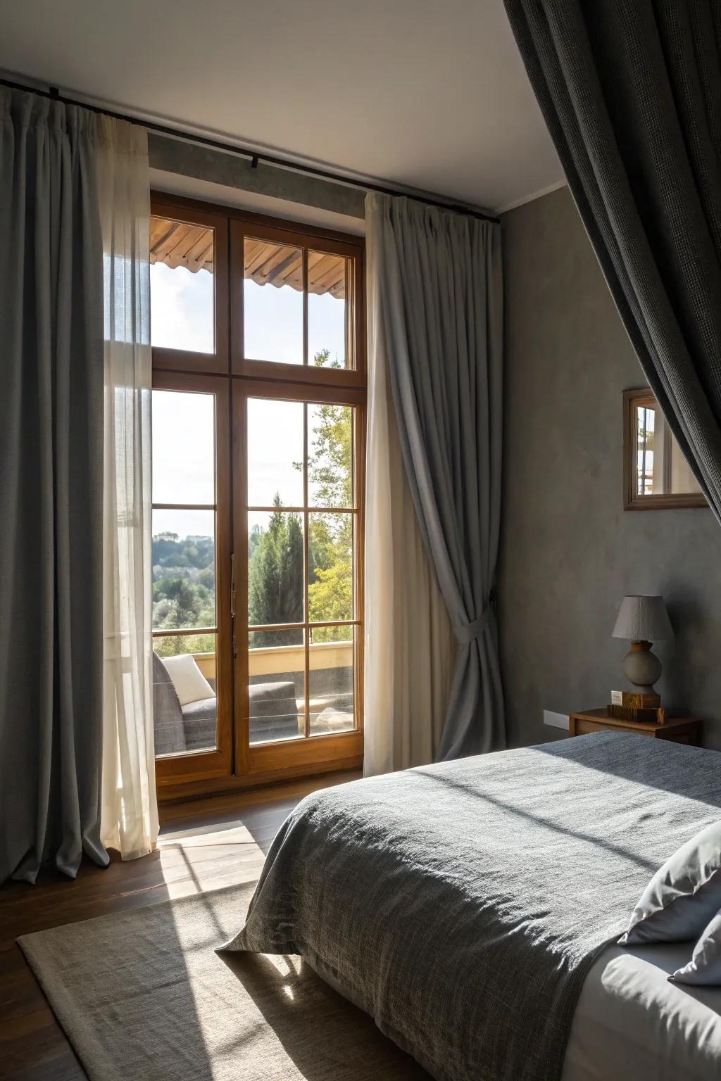 Classy grey curtains encircling a vibrant window.
