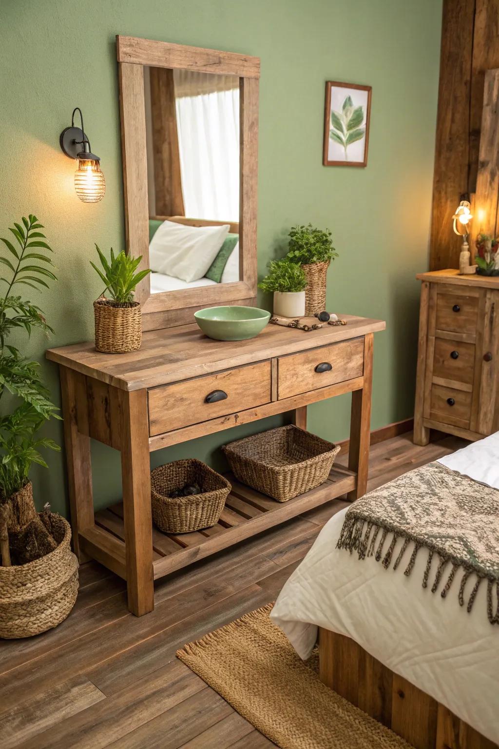 An environmentally sound vanity with a rustic charm.