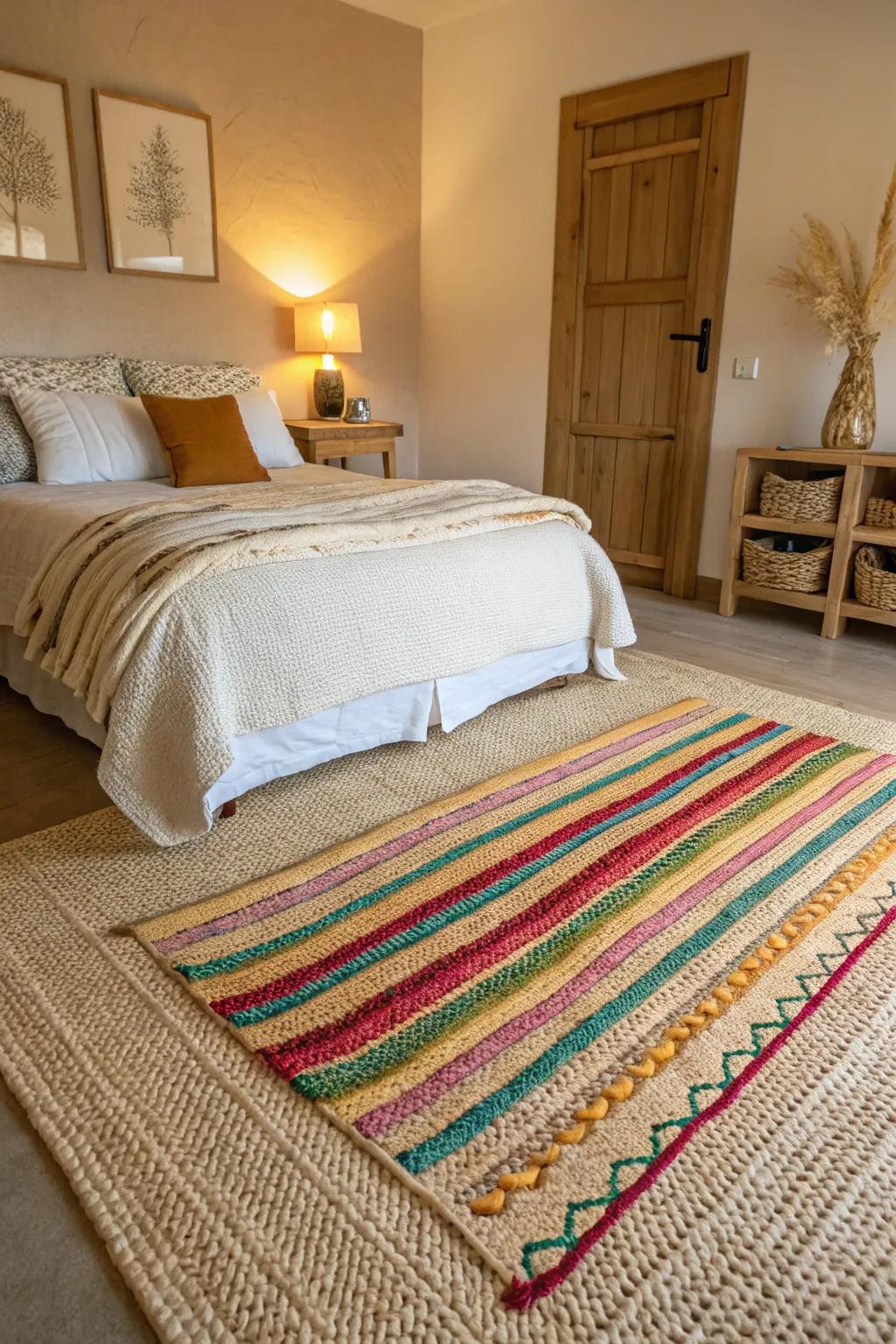 Layered rugs add style and feel to a bedroom that shows a cream-colored carpet.
