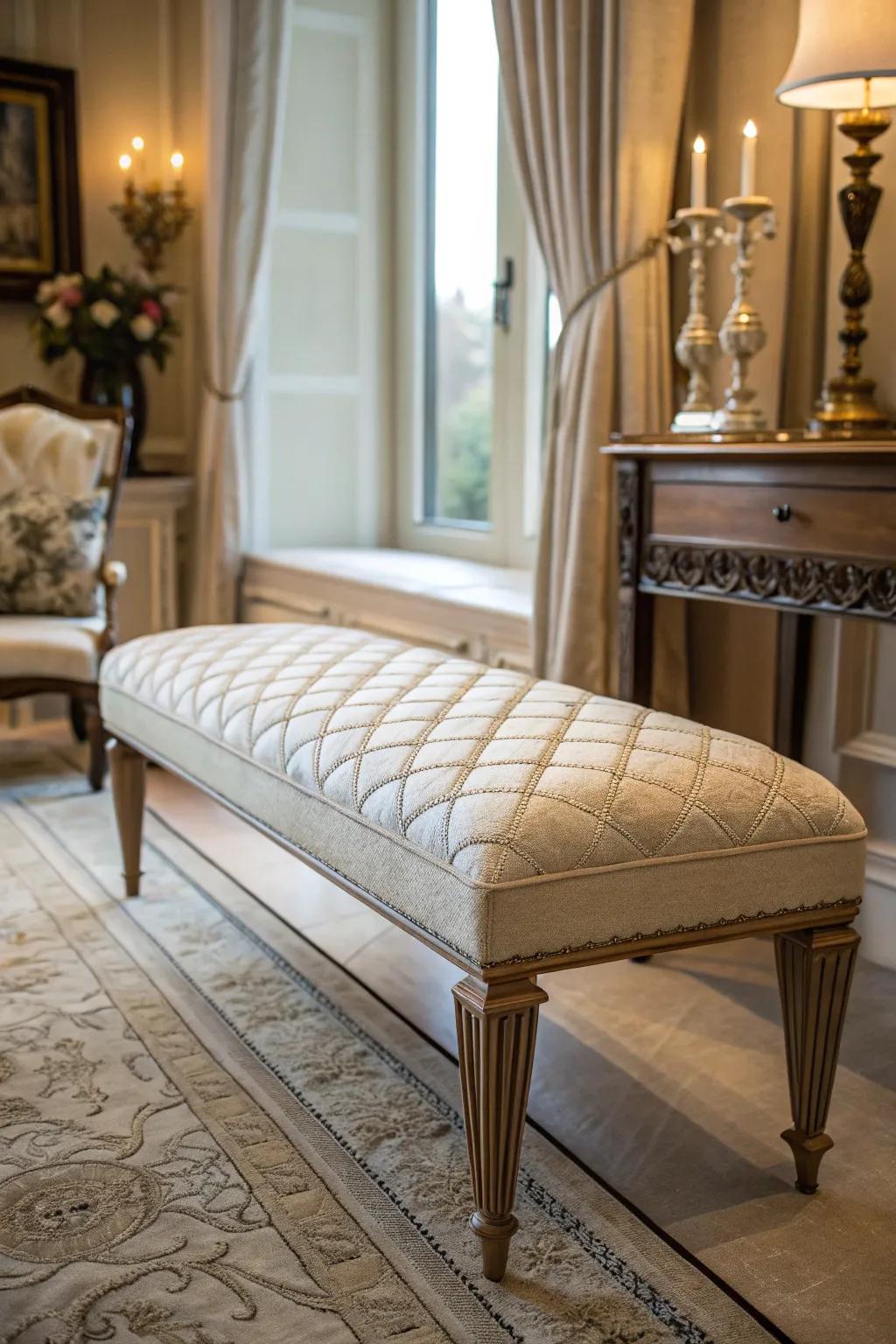 Stitched cushions propose comfort with a hint of luxury.