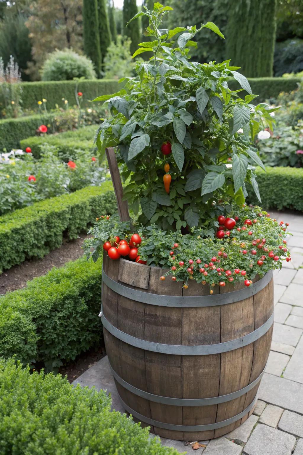 A great batch of veggies growing in an oak barrel.