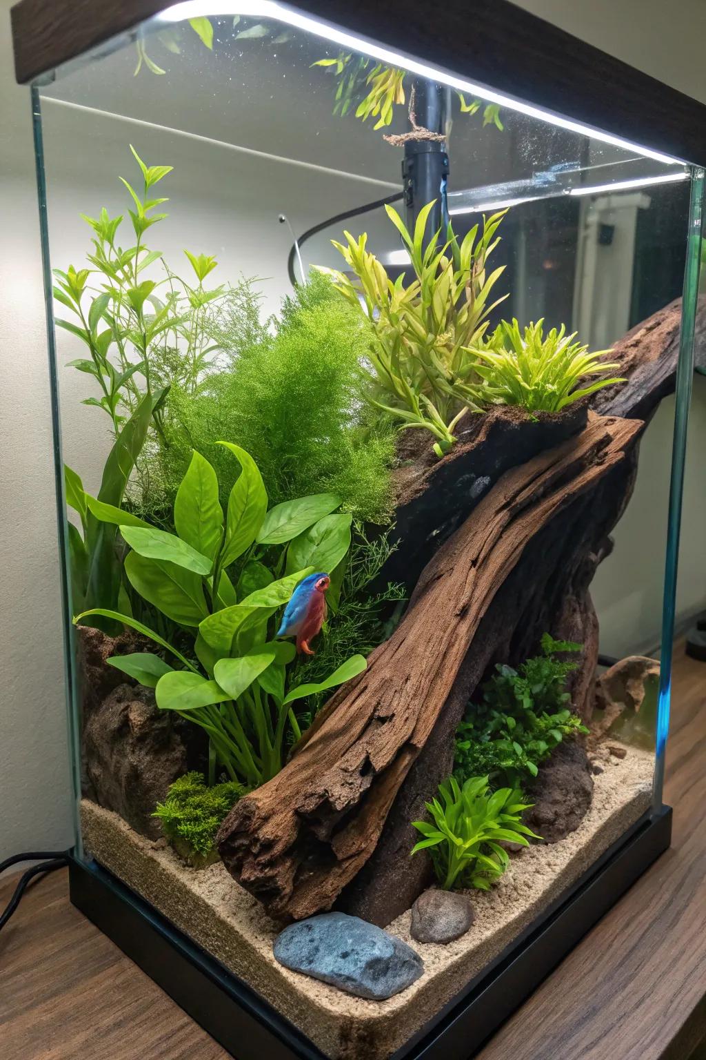 An artistic aquatic design that transforms a betta habitat into art.