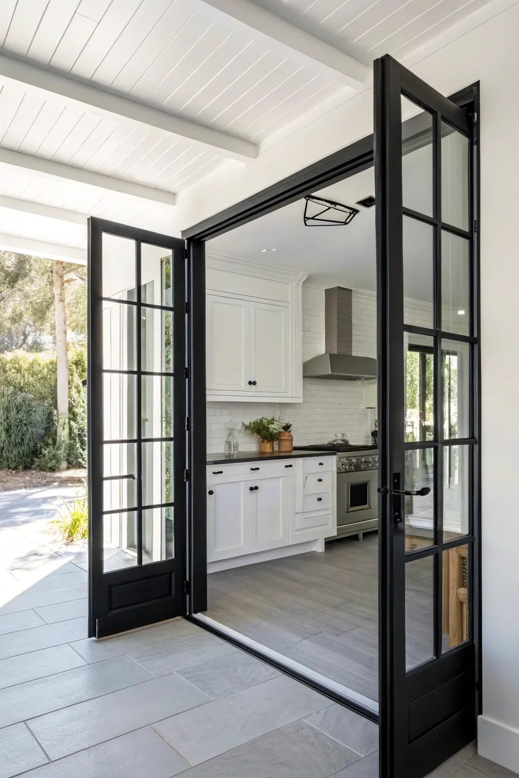 Design a dramatic impression using high-contrast folding door frames.