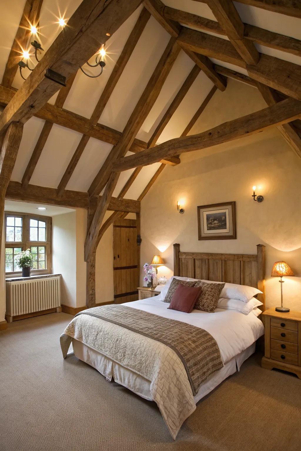 A spacious bedroom highlighting arched ceilings and exposed support beams.