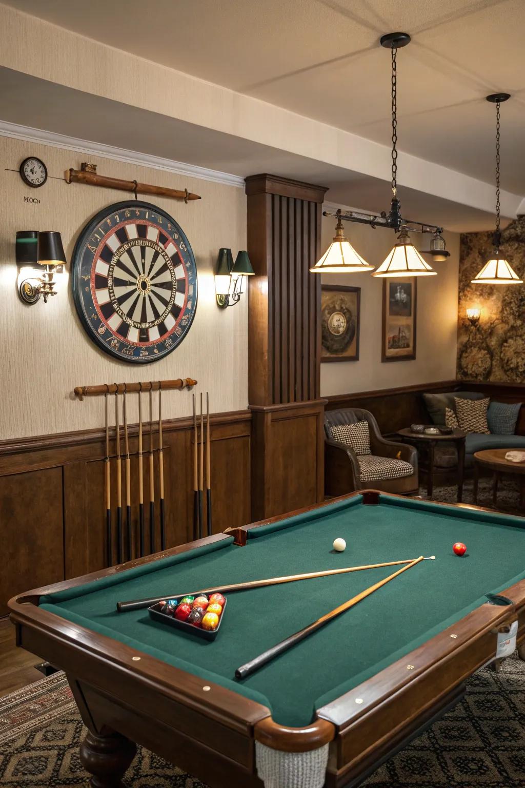 Extra gaming options like a dartboard in a billiard room.