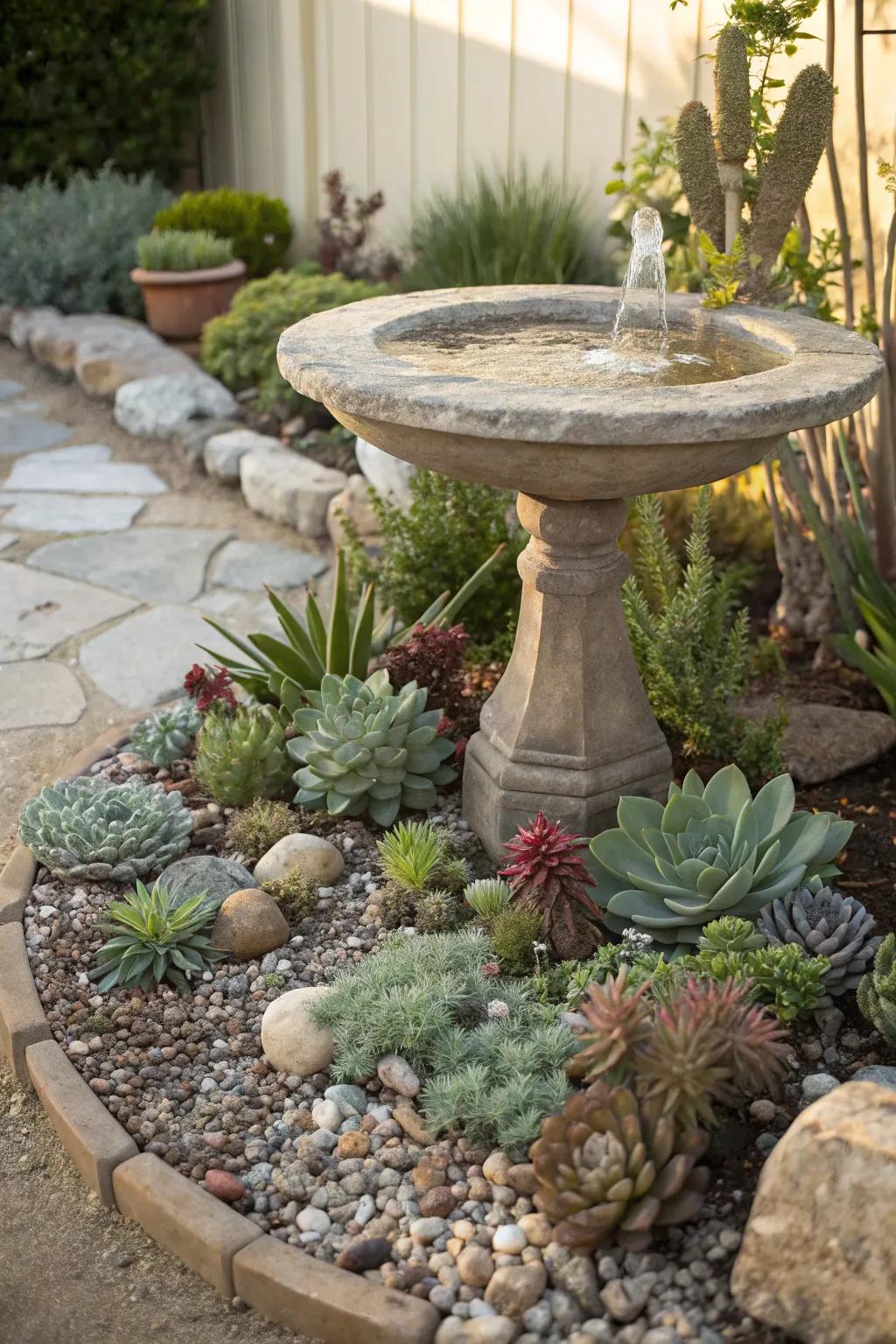 A bird bath adorned with fleshy plants for a fresh, natural visage.