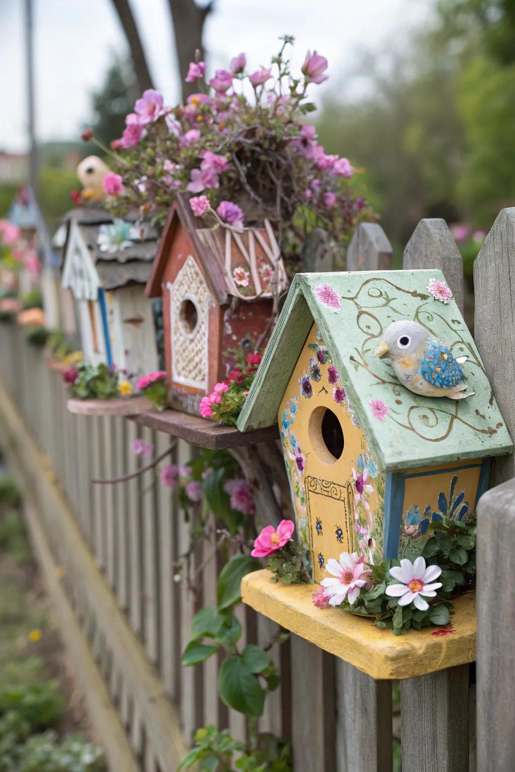 Ornamental elements like flora and sculptures inject personality into bird dwellings.