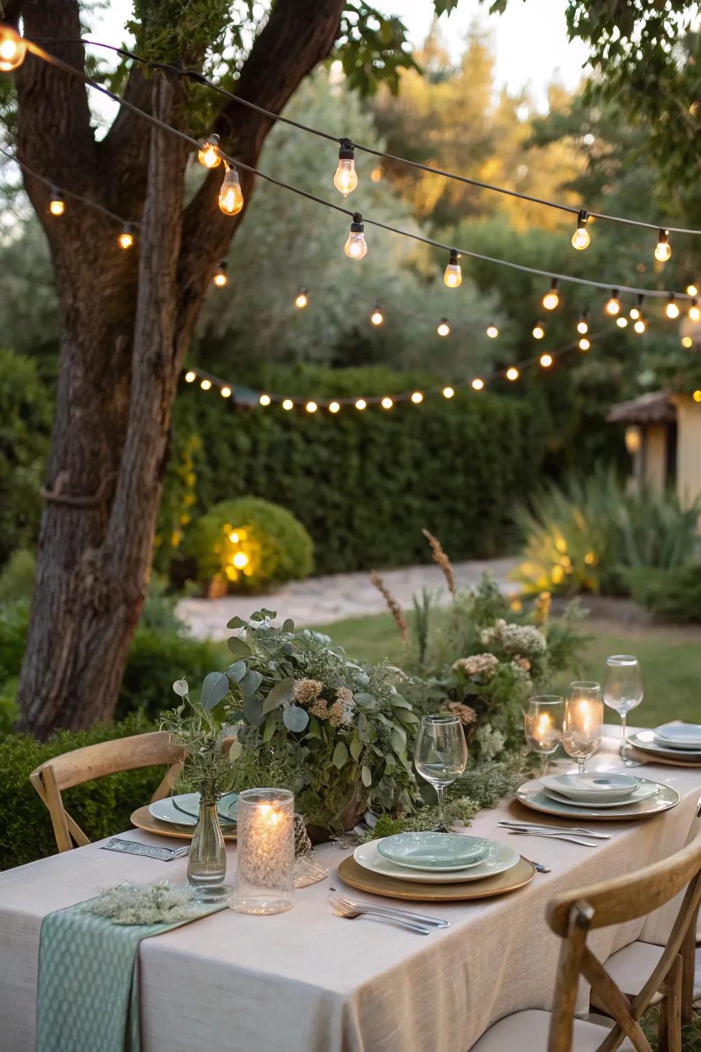 An outdoor retreat illuminated with fairy lights sets the scene for a magical night.